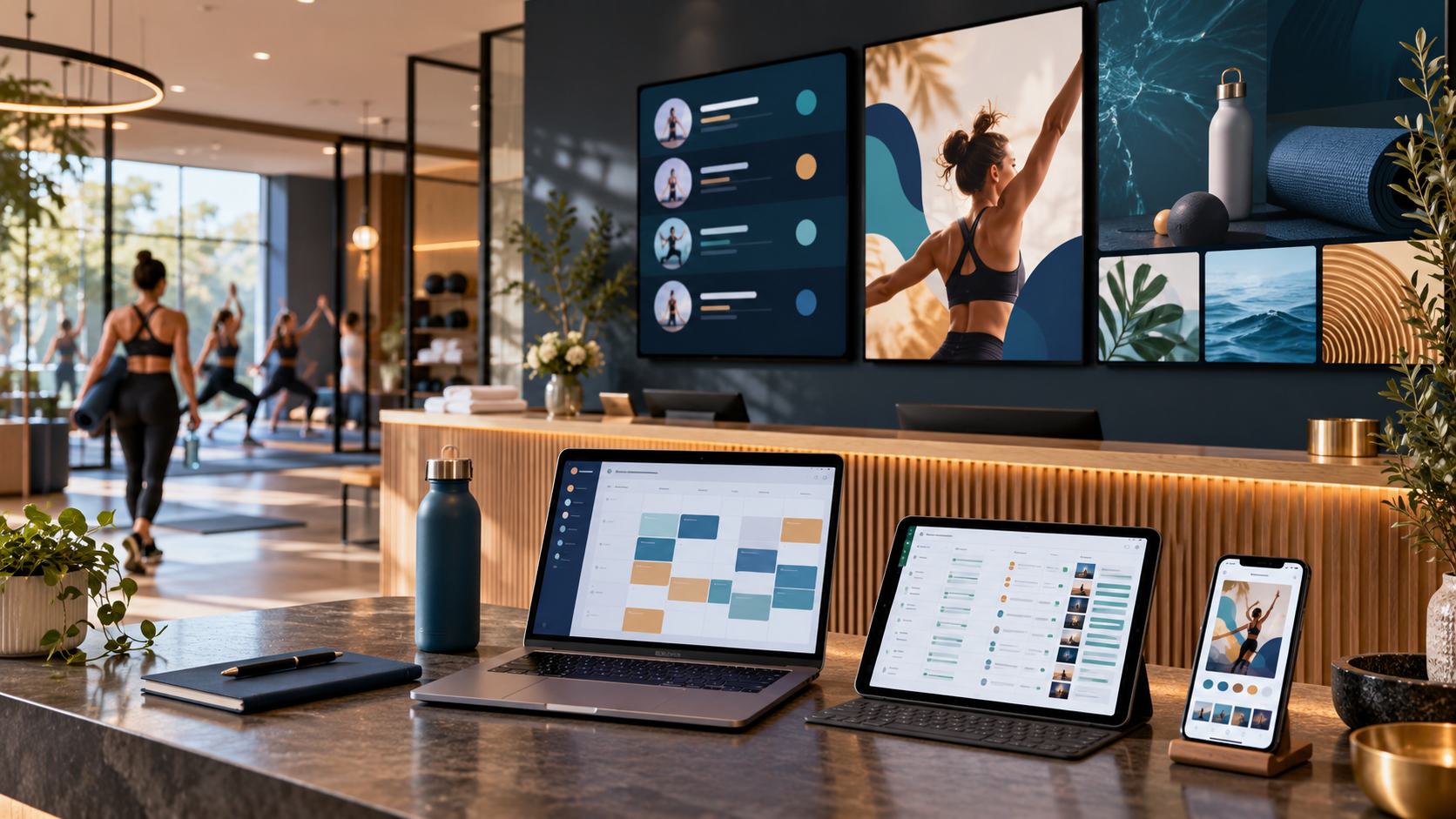 A modern fitness studio uses wall-mounted digital signage while a laptop, tablet and phone show content planning and design workflows.