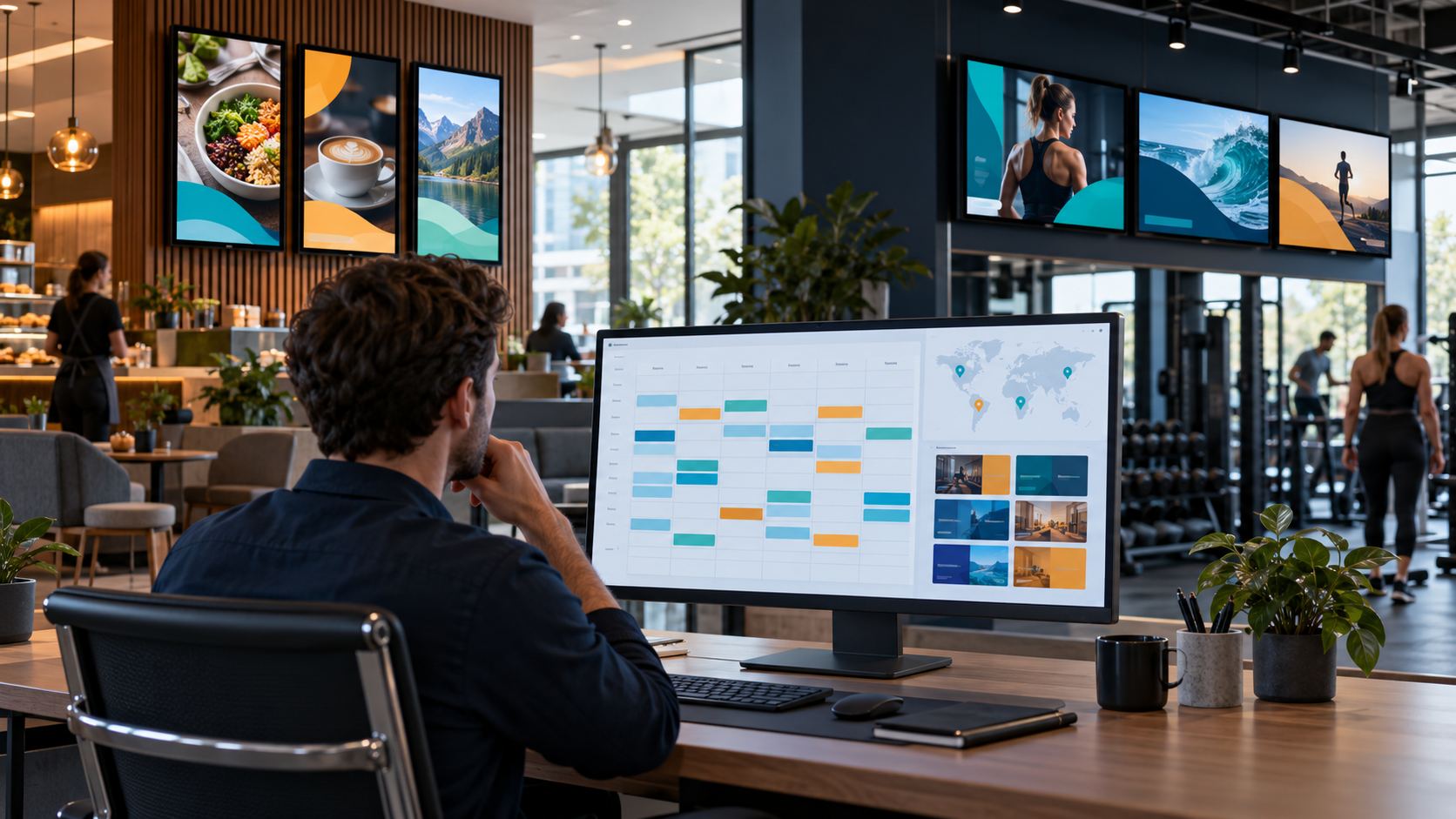 Ein Verantwortlicher prüft einen Wochenplan für Digital Signage, während abgestimmte Bildschirme Inhalte in mehreren Bereichen anzeigen.