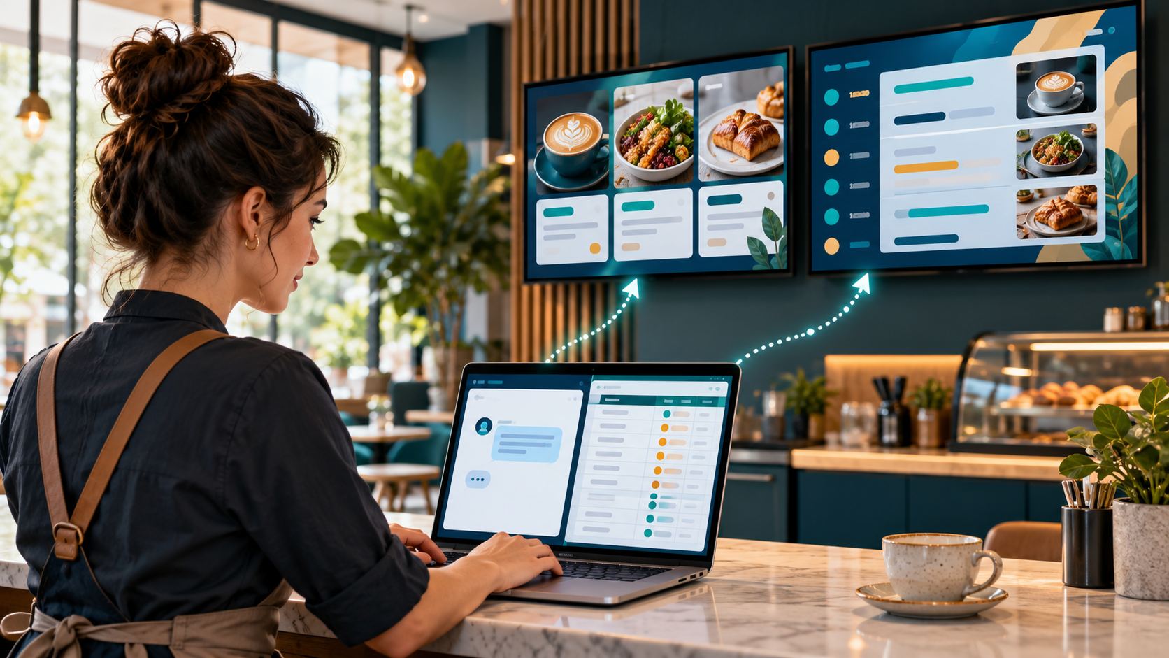 A café operator updates digital signage using an AI chat and a spreadsheet, with refreshed menu content displayed on wall screens.