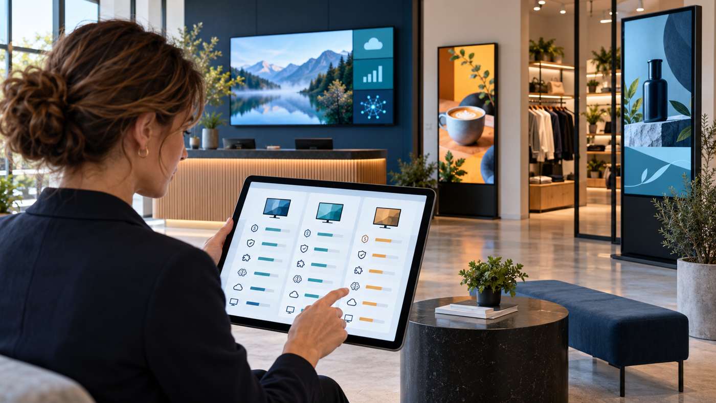 Ein Geschäftsinhaber vergleicht Digital-Signage-Plattformen auf einem Tablet, während mehrere Bildschirme Inhalte in Empfangs- und Verkaufsbereichen zeigen.