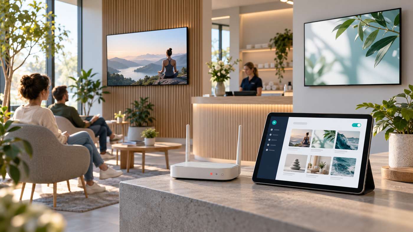 Ein Bildschirm im Wartebereich zeigt weiterhin freigegebene Inhalte, während Tablet und Router bei einem Internetausfall in der Nähe stehen.