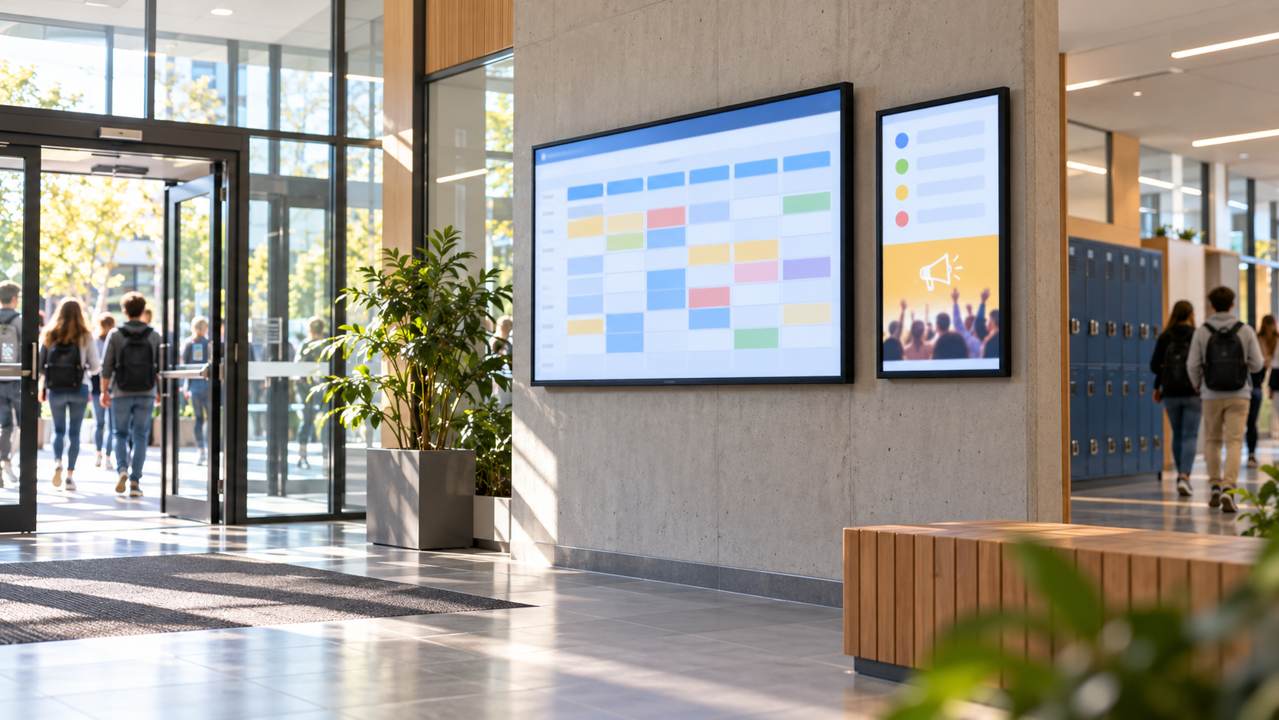Eingangsbereich einer weiterführenden Schule mit zwei unterschiedlich großen Digital-Signage-Displays: abstrakter detaillierter Stundenplan und Tagesübersicht mit Ankündigung einer Wochenveranstaltung.